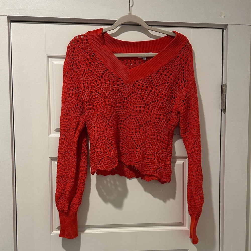 525 Red V-Neck Crochet Sweater
